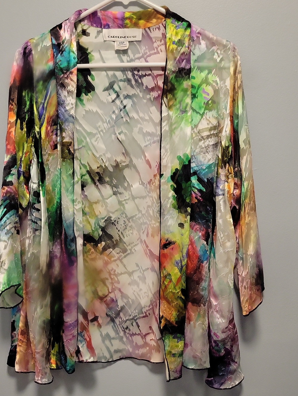 Caroline Rose Multicolor Sheer Floral Open-Front Kimono Top
